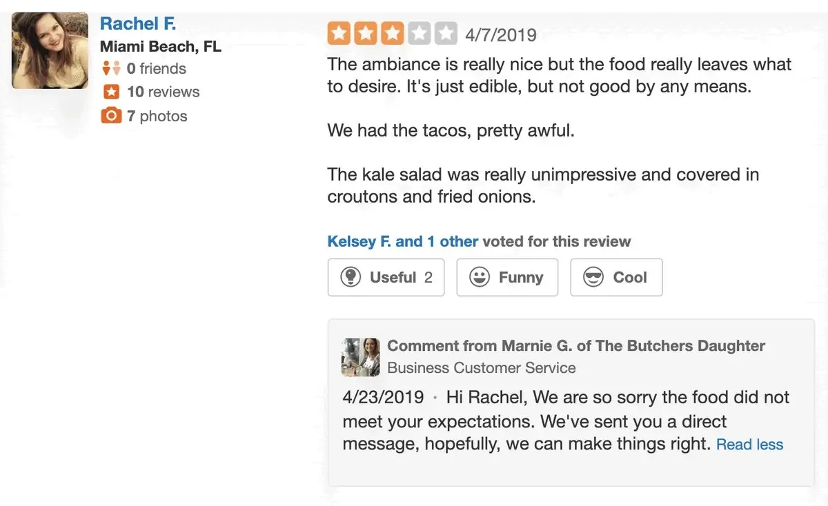 Yelp review with feedback from the customer