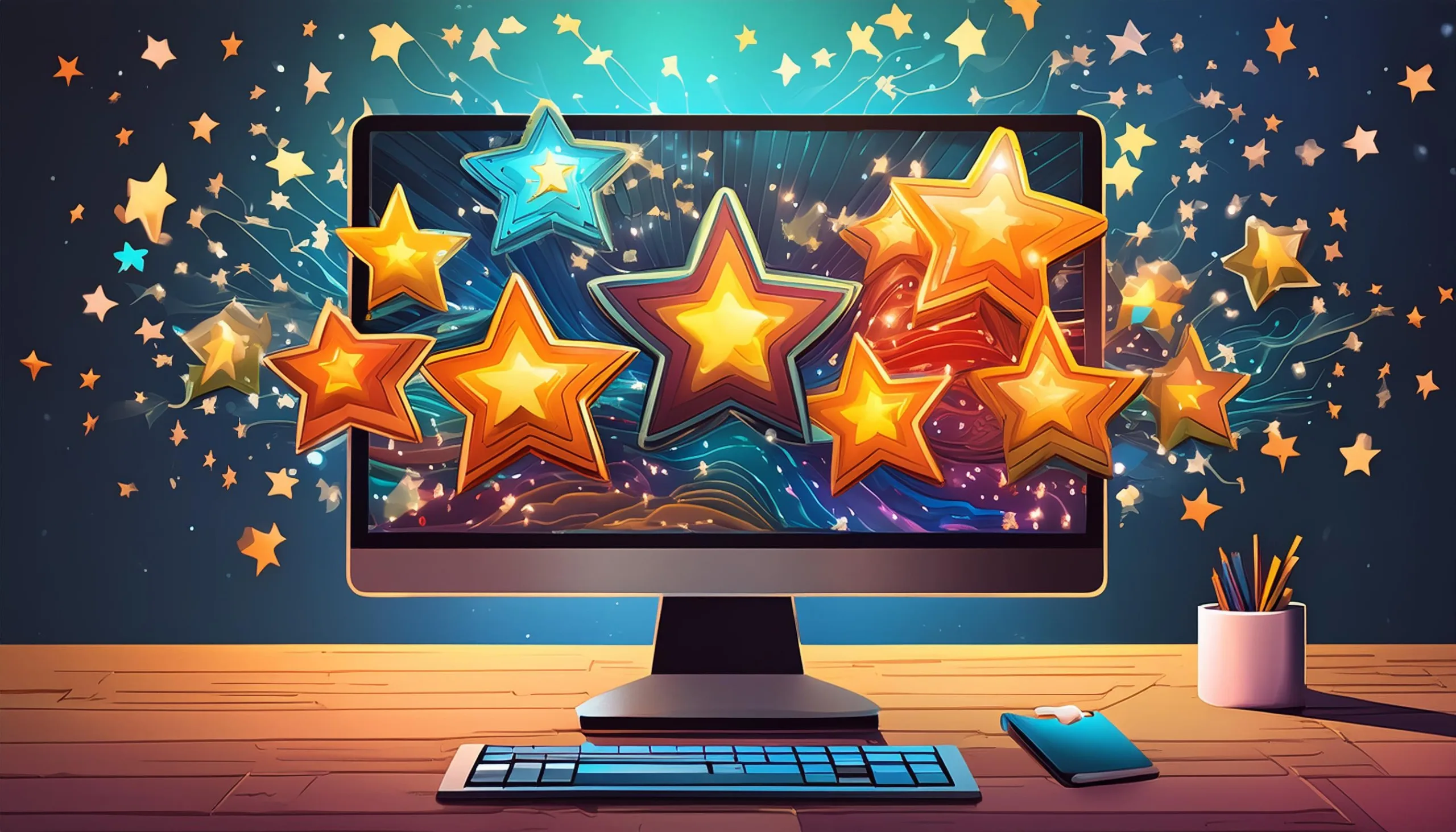 Computer with various sources of 5-star online reviews coming out of it