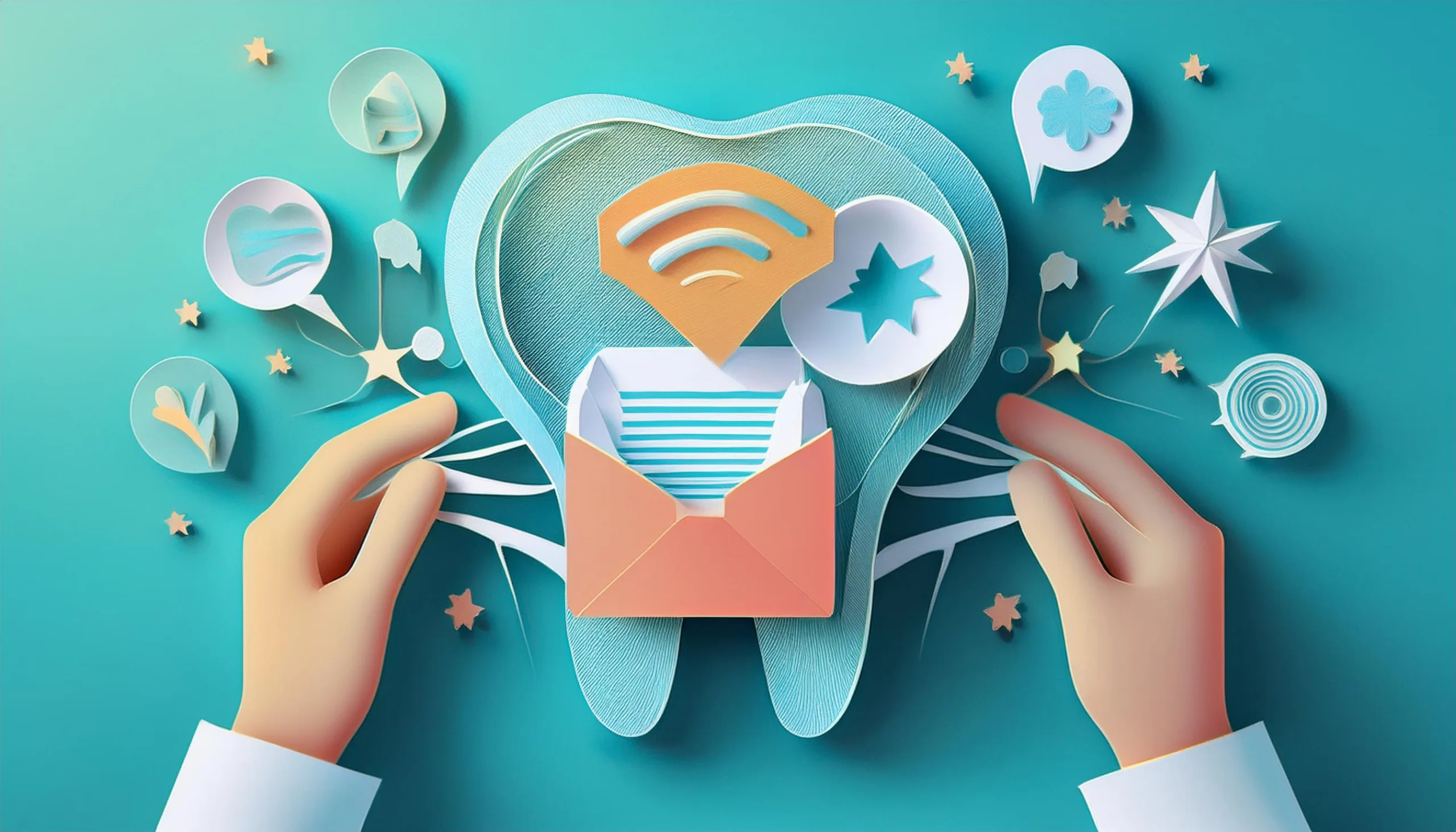 An illustration showing an automated system for sending review requests to dental patients, representing efficiency in collecting feedback.