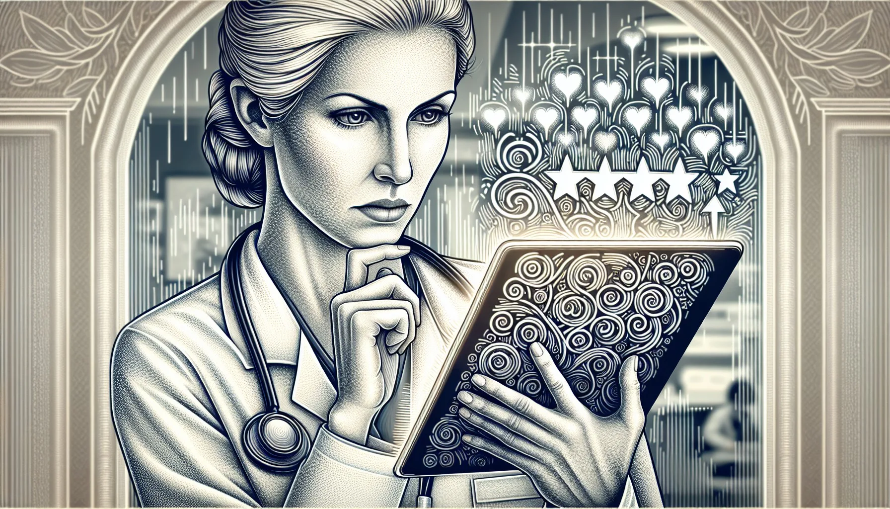 How doctors get patients to write reviews: Illustration of a doctor reading online reviews on a tablet