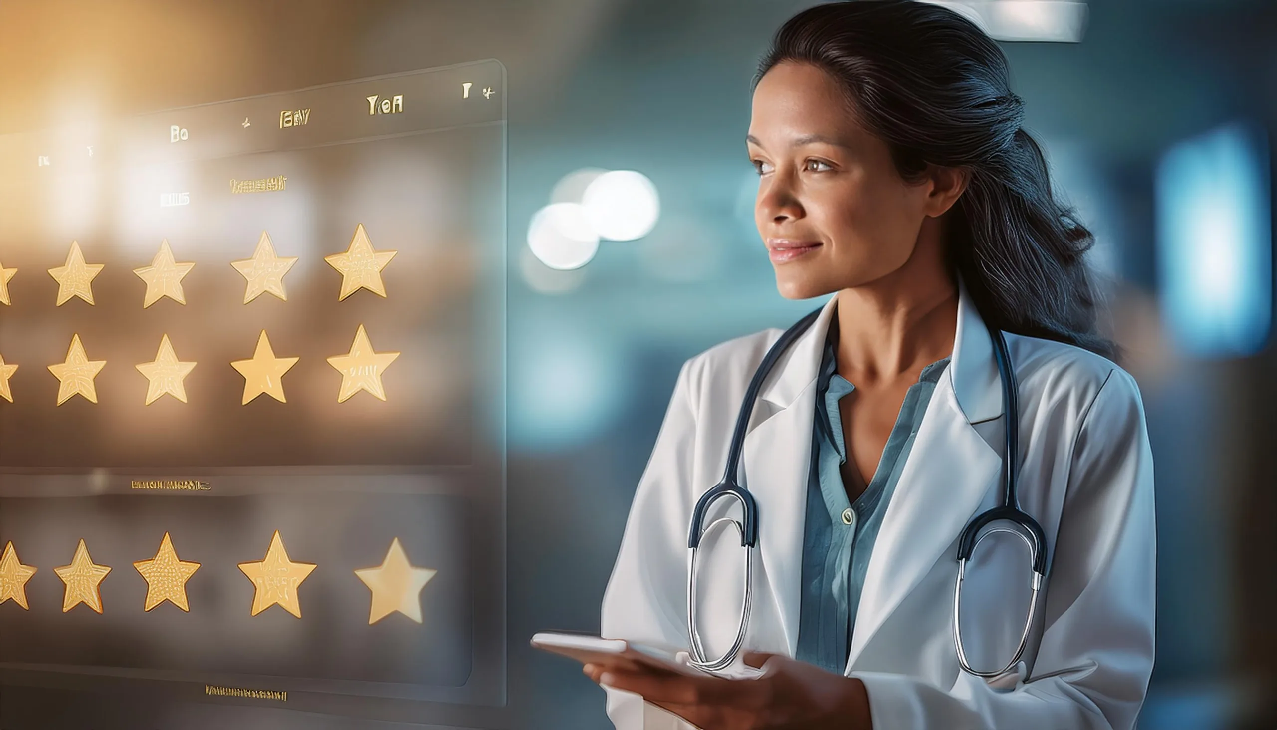 A visual representation of a doctor's online review strategy, showcasing various review platforms and patient interactions.