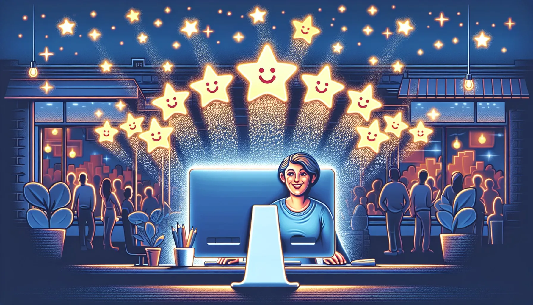 Illustration of a business owner reading Google reviews with satisfaction