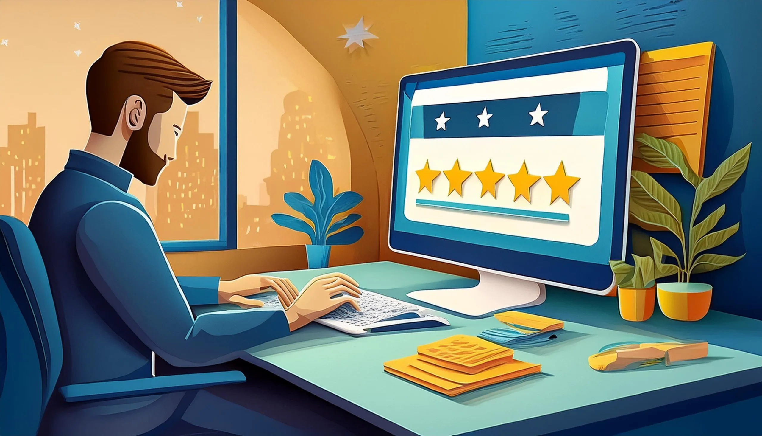 Illustration of a business owner responding to a 5-star positive review with a thank-you note expressing gratitude for the customer's satisfaction.