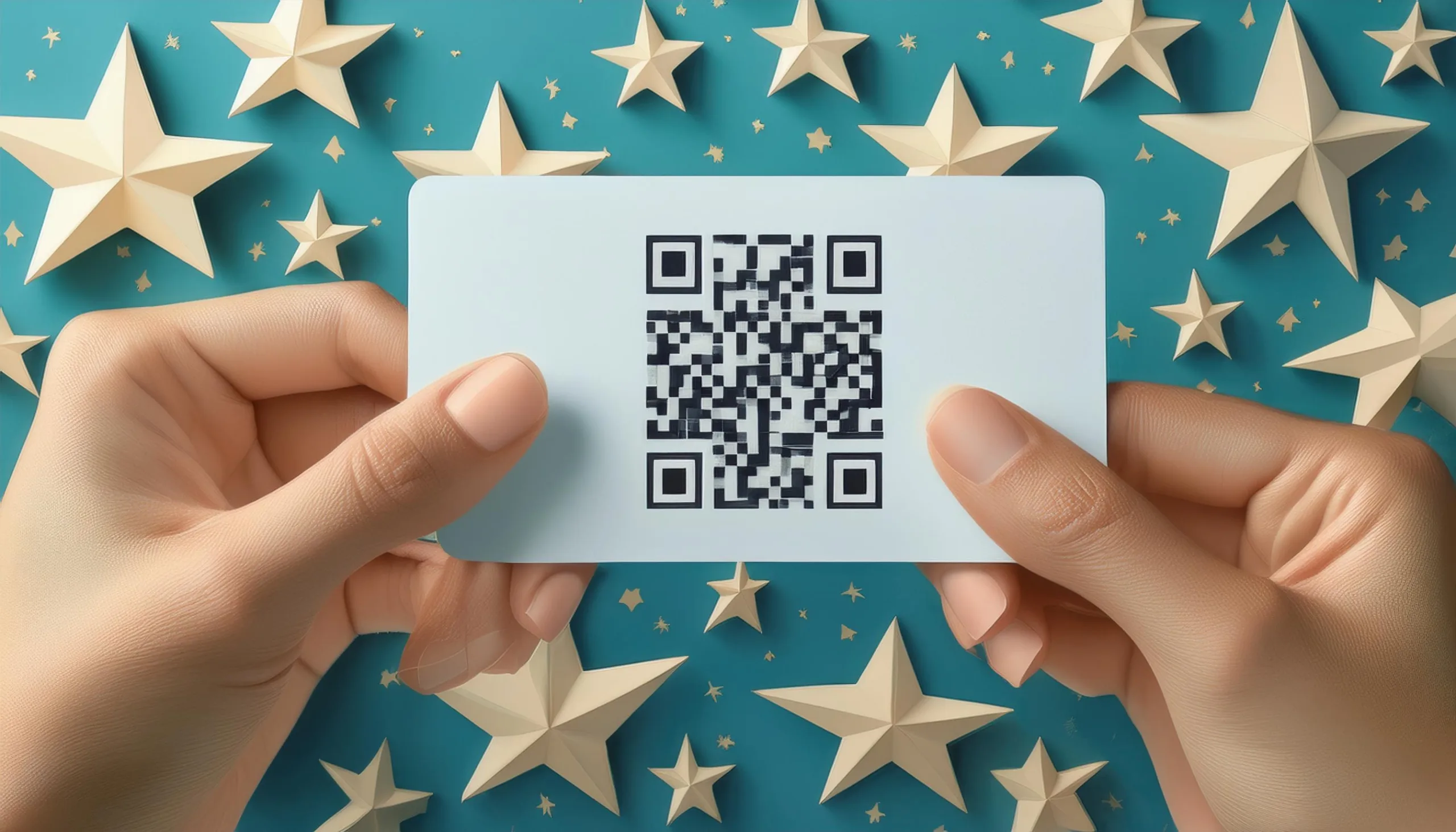 Review request card with the business name and a QR code, making it easy to ask for a review and for customers to scan and leave a review on the designated review site.