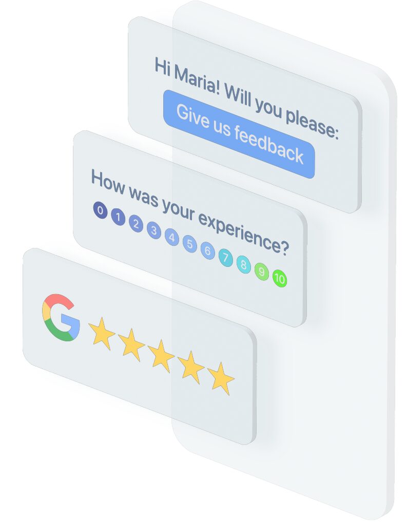 Illustration of a review funnel with Net Promoter Score survey that leads to Google reviews