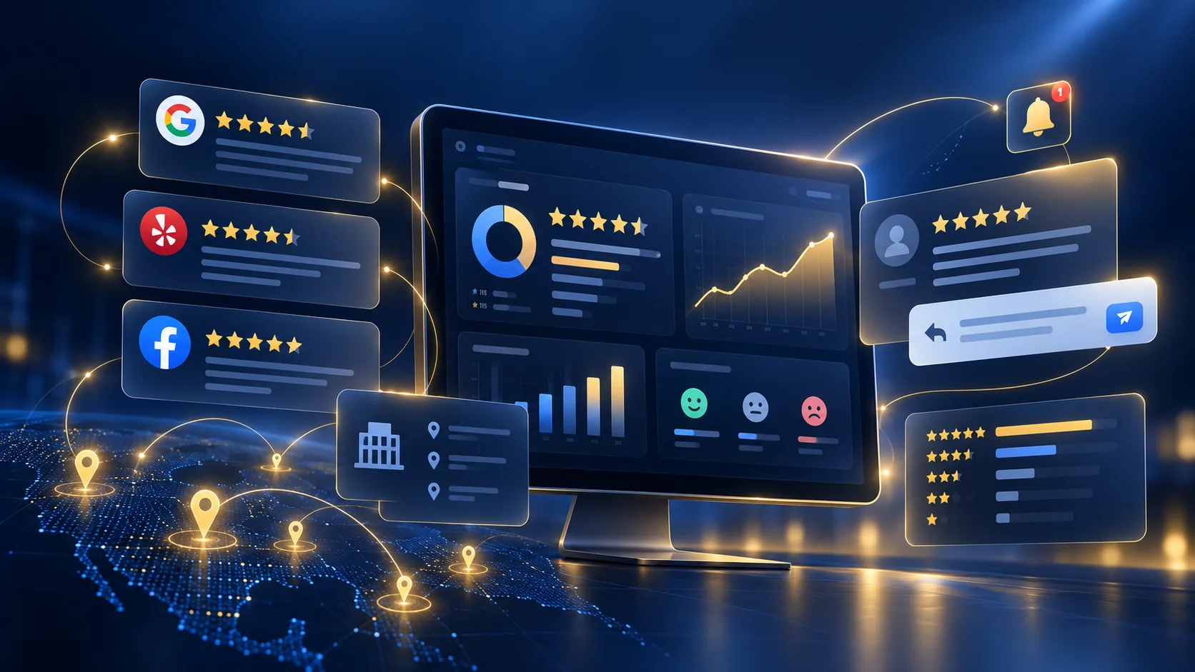 Conceptual analytics dashboard showing review monitoring, customer sentiment, and location-level trends
